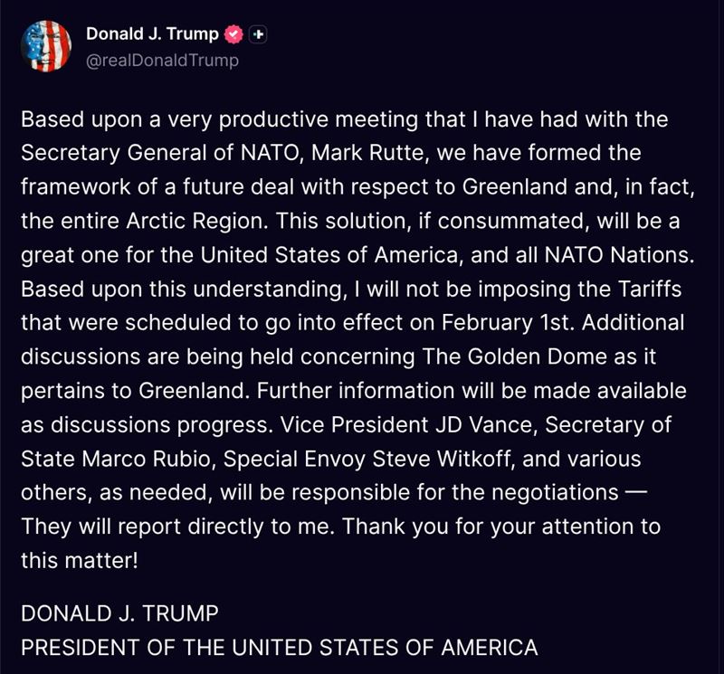 川普於21日突然在社群宣布，與呂特達成格陵蘭協議框架，並因此暫緩對丹麥、挪威、瑞典等八國的關稅制裁。（圖／翻攝自X平台 @TruthTrumpPost）