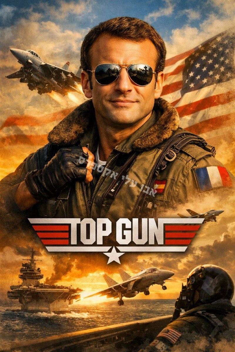 馬克宏戴著「飛行員眼鏡」展現在格陵蘭議題的強硬立場，被許多網友比喻有如電影「捍衛戰士」（Top Gun）。（圖／翻攝自X平台 @MoniifyBusiness）