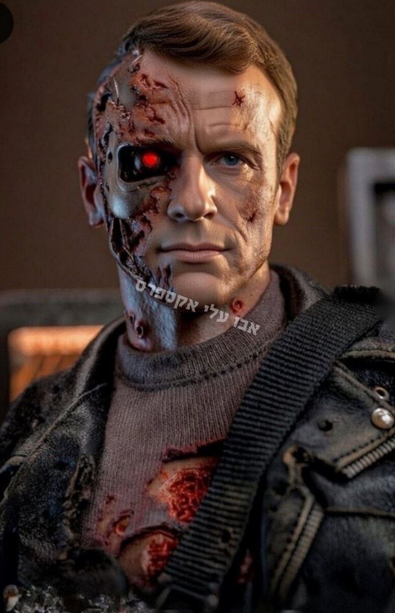 馬克宏說他戴墨鏡是為了遮紅眼，被網友做電影《魔鬼終結者》的AI梗圖。（圖／翻攝自X平台 @MoniifyBusiness）