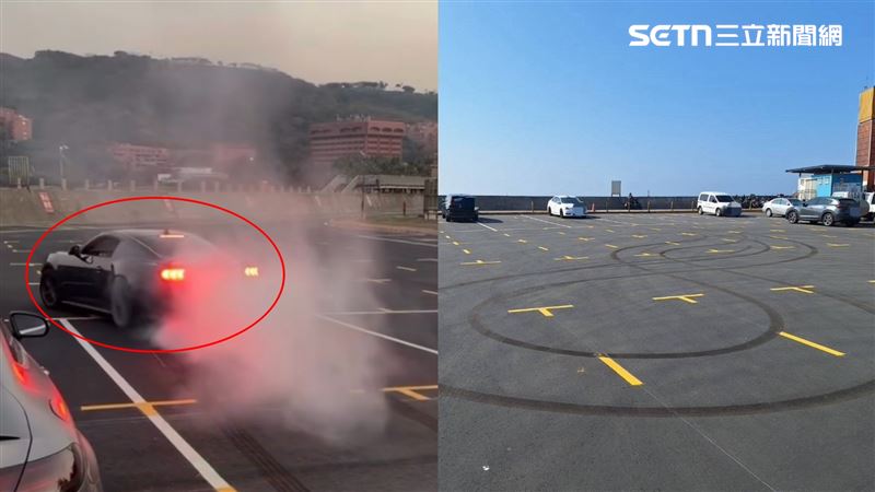 中山大學校園停車場遭人駕駛野馬跑車甩尾、燒胎，剛鋪設好的柏油路來不及驗收又傷痕累累。（圖／翻攝自Threads @diary_88888）