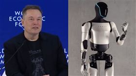馬斯克突襲《達沃斯世界經濟論壇》，並拋出震撼彈：特斯拉人形機器人明年底向公眾出售。（圖／翻攝自X平台 @elonmusk、維基百科）
