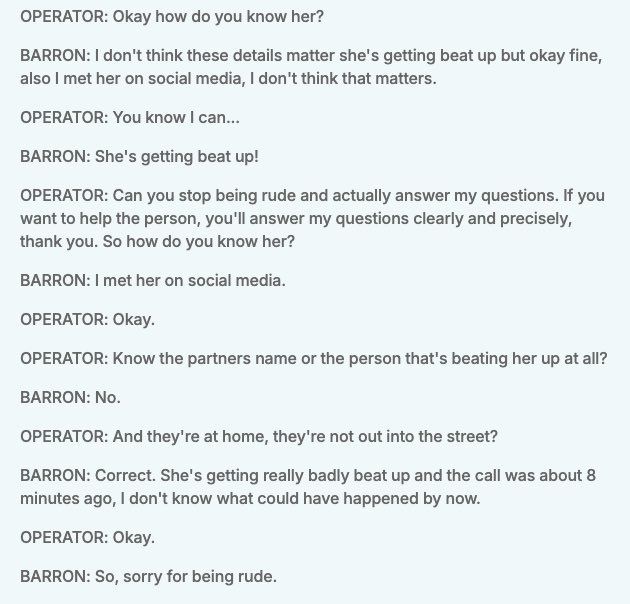 巴倫打電話報警的對話內容，隨著案件調查也被流出。（圖／翻攝自X平台 @allie__voss）