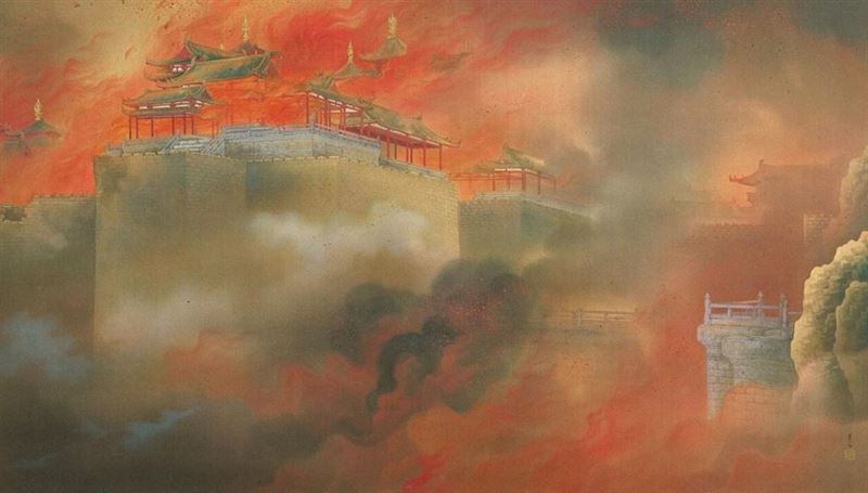 長久以來，杜牧《阿房宮賦》中「楚人一炬」的描寫，讓世人深信項羽焚毀阿房宮。但事實並非如此：圖為由日本木村武山所繪的以傳說阿房宮為項羽所焚為題材的畫作《阿房劫火》。（圖／翻攝自維基百科）