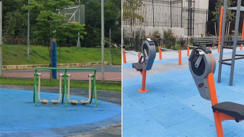 民眾觀察，台灣的公園（左）「老人設施」較多，不同於外國（右）的街頭健身器材。（圖／翻攝自Google地圖）