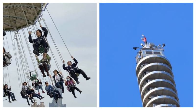 美國攀岩好手霍諾德（Alex Honnold）今（25）日完成攀爬101壯舉，賴清德總統在社群平台貼出2020年他到高雄駁二特區七號碼頭JETS嘉年華，體驗遊樂設施「旋轉盪鞦韆」的照片。(組合圖/翻攝賴清德Threads、攝影記者鄭孟晃攝)