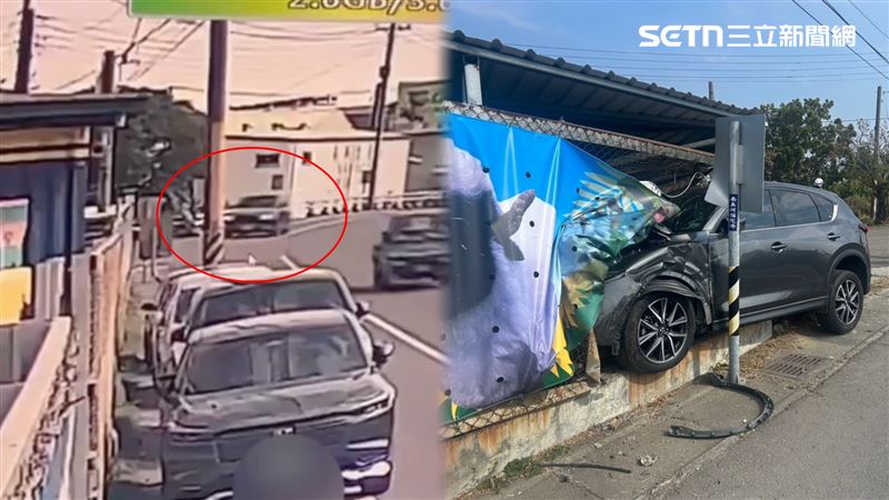 半個車頭嵌入，零件四散一地，劉男初步表示，因精神不濟，才在回家途中閃神自撞。（圖／翻攝畫面）