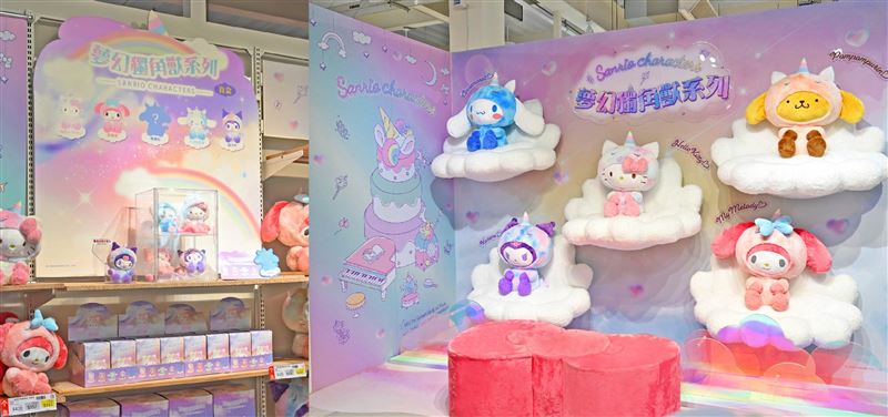 粉嫩繽紛的夢幻獨角獸主題展區，搭配雲朵造型與角色陳列，成為春節期間三麗鷗粉絲最不能錯過的拍照打卡景點。（圖／品牌業者提供）