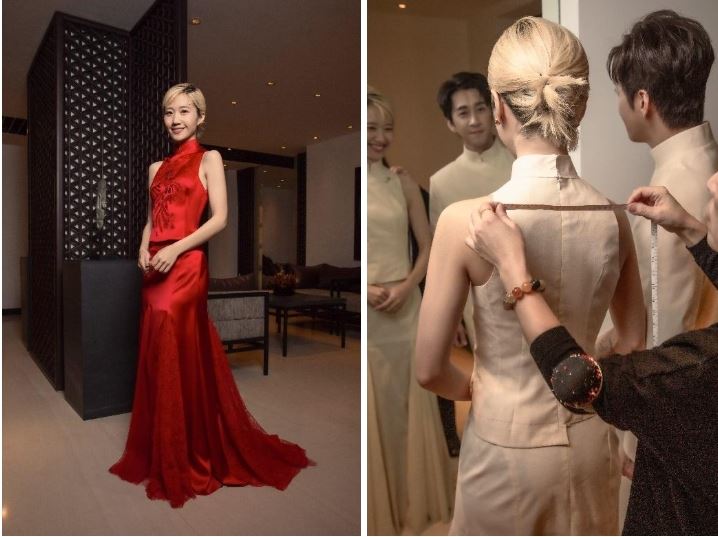 新娘Lulu身著一襲夏姿紅中式立領削肩背心。（圖／夏姿提供）