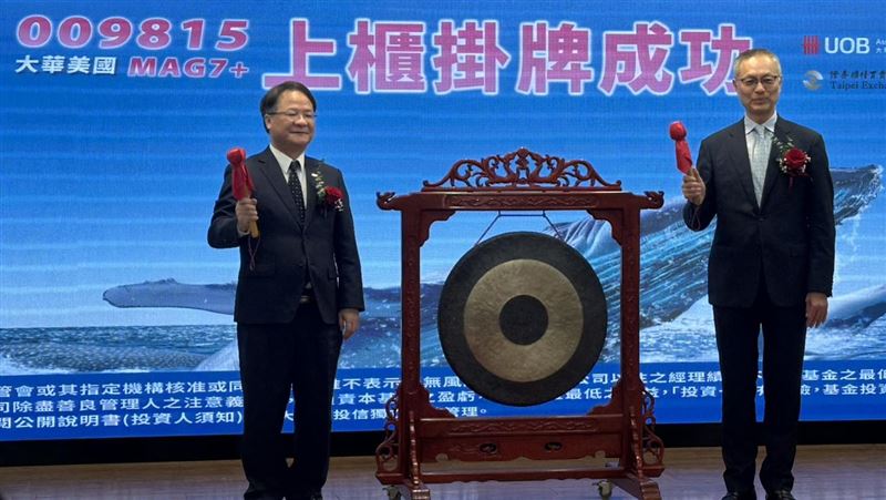慶祝009815成功掛牌，舉行敲鑼儀式。由右至左：大華銀投信總經理王政修、櫃買中心副總經理涂月憲。（圖／記者余國棟攝影）