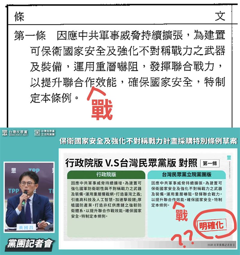 民眾黨開記者會自提軍購版本，但第一條就漏字（圖／翻攝自吳崢臉書）