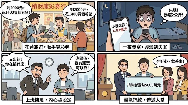 財神眷顧！一名40歲台北單身陽光男，赴花蓮旅遊時將買伴手禮剩下的錢，花1400元包牌「8連碰」，竟獨得6.92億元頭獎，創5年新高。他中獎後面對老闆刁難，內心默念「我有頭獎靠」淡定應對，並霸氣捐出5000萬元做公益，傳遞善的循環。（AI製圖）