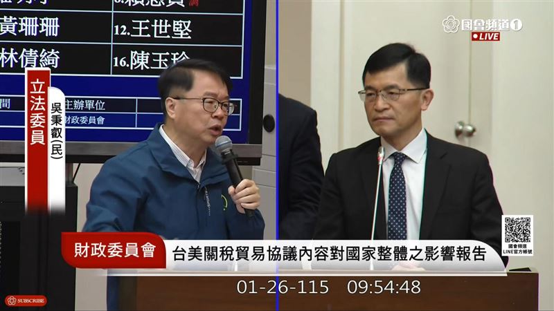 為爭取台美貿易協定優惠，台灣承諾15兆元投資與信保，今在立院引發激烈交鋒。綠委吳秉叡以台股榮景駁斥掏空論，強調是壯大供應鏈；藍委林德福則憂資金外移排擠傳產，質疑監管風險。對此，經部與國發會詳述460億配套及三階段嚴格風控機制，試圖化解疑慮。（圖／翻攝自「國會頻道」網站）