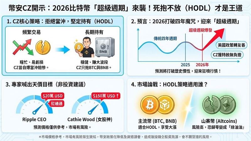 幣安創辦人趙長鵬（CZ）在達沃斯論壇語出驚人，直言「頻繁交易不如死抱」，自曝不玩當沖只存比特幣與BNB。他更預言2026年比特幣將迎來打破歷史的「超級週期」，價格恐狂飆。業界更喊出150萬美元天價，呼籲投資人握緊籌碼，別在起漲前被洗下車。（AI製圖）