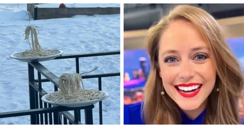美國氣象主播在戶外攝氏零下29度環境中，展示一盤已完全凍結的義大利麵。（圖／翻攝自Ｘ@McDermedFox9）