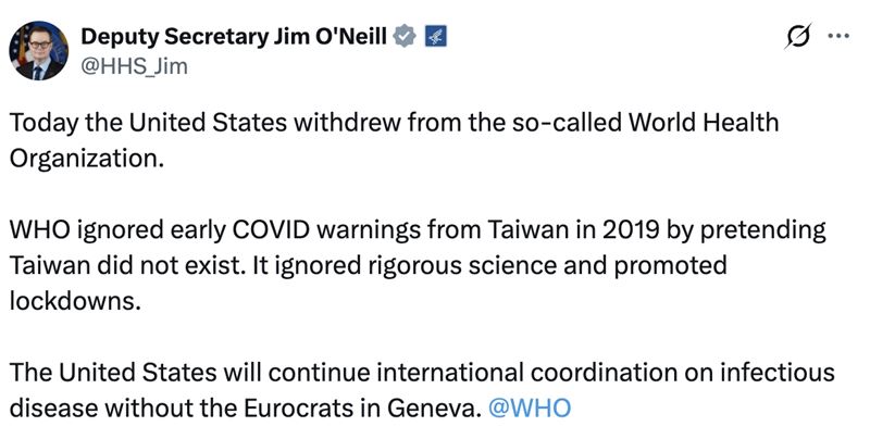 美國衛生部副部長、美國疾病管制與預防中心主任歐尼爾發文揭退出內幕和台灣有關。（圖／翻攝自X平台@HHS_Jim)
