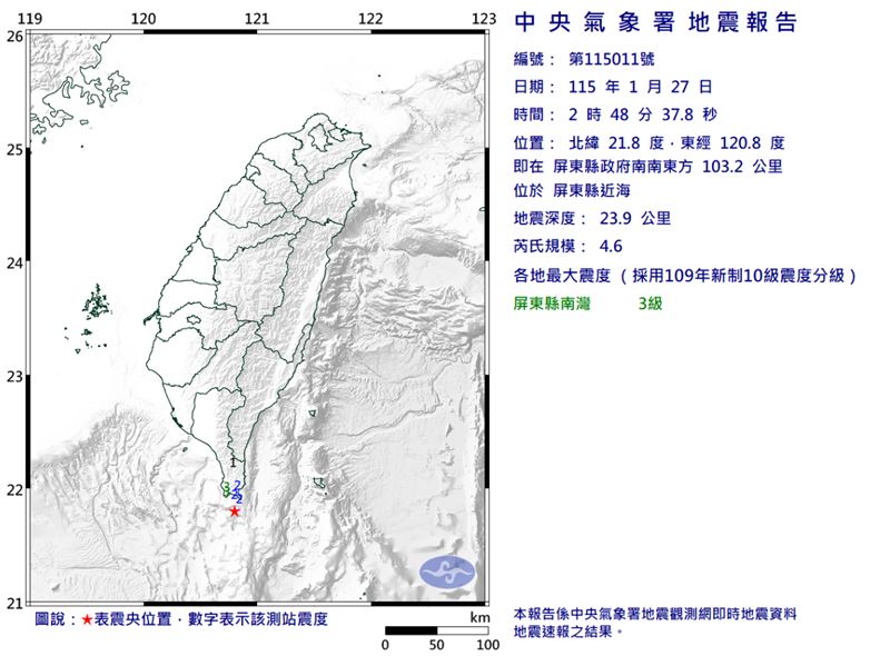 凌晨2時48分發生芮氏規模4.6地震。（圖／中央氣象署）