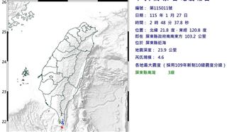 02:48南部海域規模4.6地震！最大震度3級