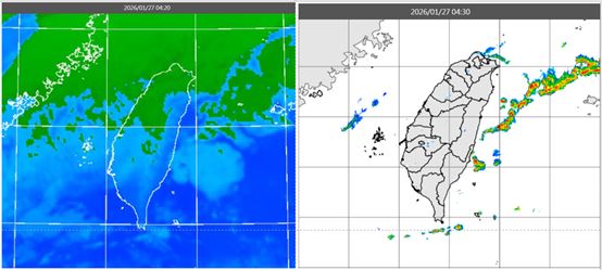 今晨4:20紅外線色調強化雲圖顯示，中部以北雲層很多(左)。4:30雷達回波合成圖顯示，降水回波大多在東半部海上(右)