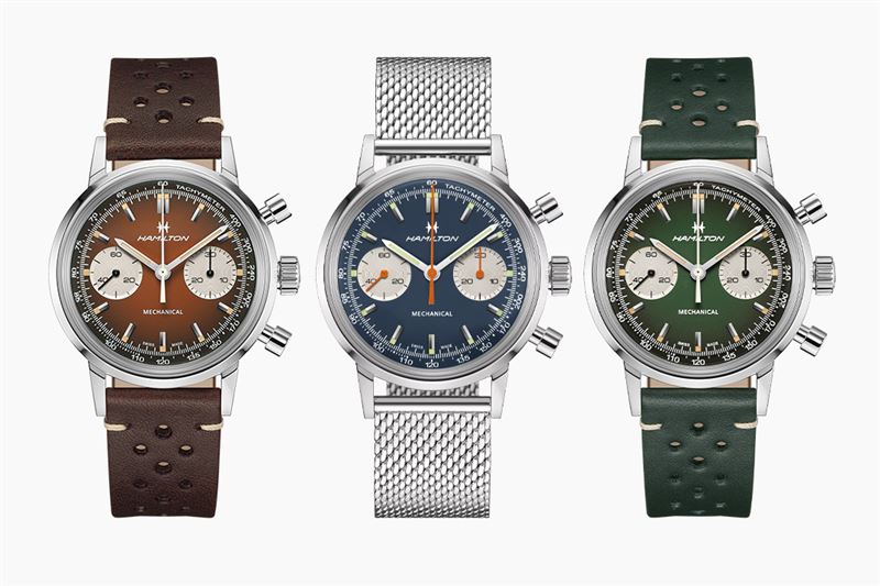 Hamilton Chronograph H復古賽車錶，設計三種錶盤顏色。（圖／翻攝Hamilton網站）
