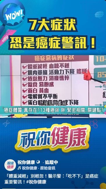 醫師吳鴻誠表示，癌症有7大症狀，例如體重減輕、厭食、貧血等。(圖／取自「祝你健康」)