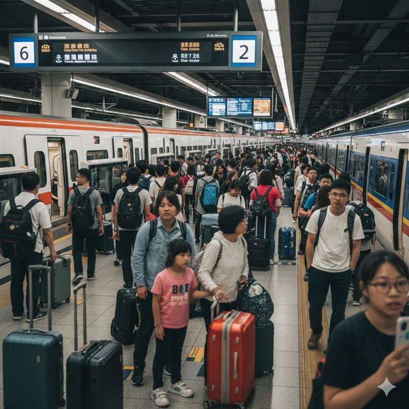 228的3天連假，台鐵開放訂票，截至上午9時各主要長途自強號路線仍有充裕座位；高鐵加開80班次列車，並即日起放寬團體票訂位張數上限。（示意圖／AI生成）