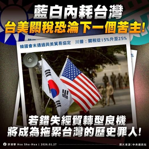 民進黨台北市議員許淑華今（27）日提醒，藍白內耗台灣，台美關稅恐淪下一個苦主。（圖／翻攝許淑華臉書）