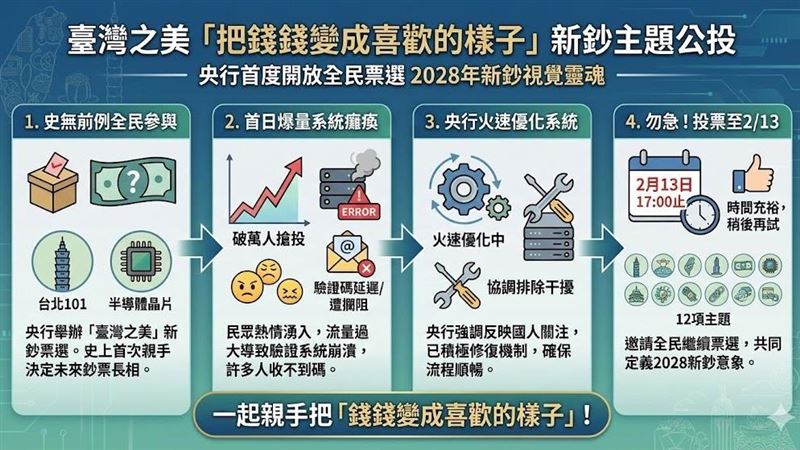 這回真的有機會「把錢錢變成喜歡的樣子」!台幣改版「臺灣之美」公投首日破萬人搶投,系統不敵熱情當機。央行致歉並承諾優化,呼籲民眾別急,2月13日前都能參與,一起親手把「錢錢變成喜歡的樣子」!(AI製圖)