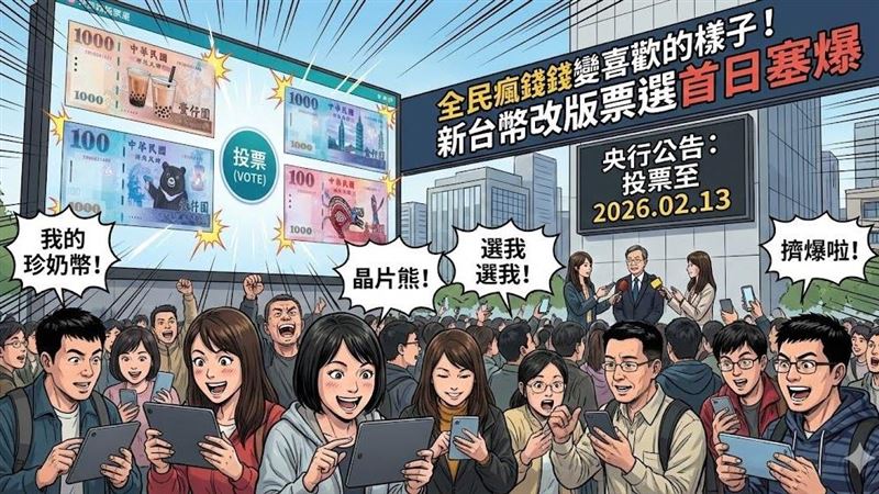 這回真的有機會「把錢錢變成喜歡的樣子」!台幣改版「臺灣之美」公投首日破萬人搶投,系統不敵熱情當機。央行致歉並承諾優化,呼籲民眾別急,2月13日前都能參與,一起親手把「錢錢變成喜歡的樣子」!(AI製圖)