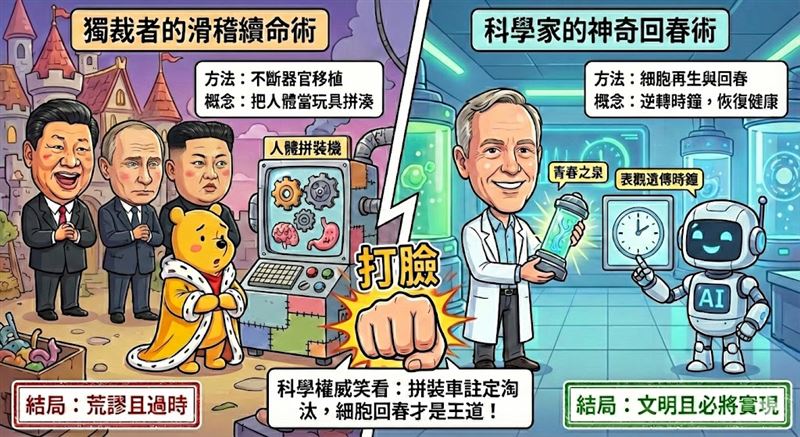 習近平與普丁天安門私語曝光，普丁驚爆長生關鍵竟是「不斷移植器官」。這與表觀遺傳時鐘之父Horvath的預測形成強烈對比。Horvath斷言人類活到150歲必將實現，但靠的是文明的細胞再生而非血腥拼裝，狠狠打臉獨裁者的暗黑續命術。（AI製圖）