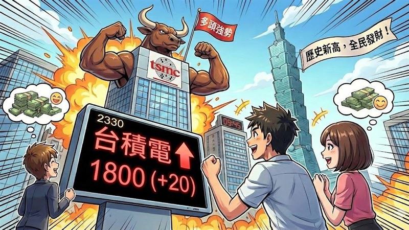台積電今(28日)盤中氣勢如虹，股價一舉突破1800元大關，最高來到1805元，再創歷史新天價。市值更逼近47兆元，帶動半導體族群齊揚，成為台股今日大漲的重要推手，顯示市場對其前景充滿信心。（AI製圖（圖／記者XXX攝影））