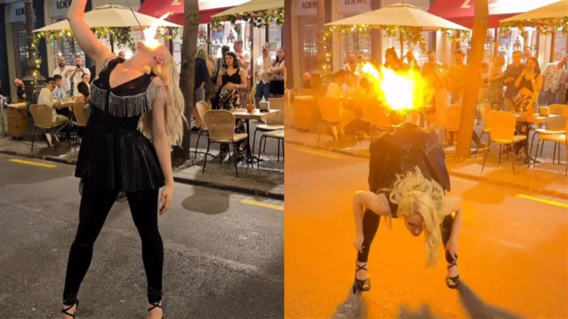 安娜吞下火球後，竟轉身從下半身「噴出烈焰」。（圖／翻攝自IG @annaadelos）