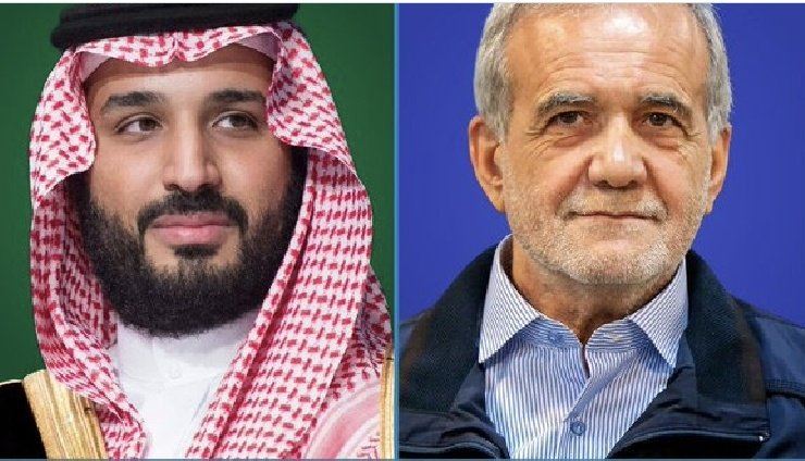 沙烏地阿拉伯王儲沙爾曼（左）與伊朗總統裴澤斯基安（右）。前者向後者表示，沙國支持以對話解決紛爭。（圖／翻攝自X平台 @Intlobserver0）