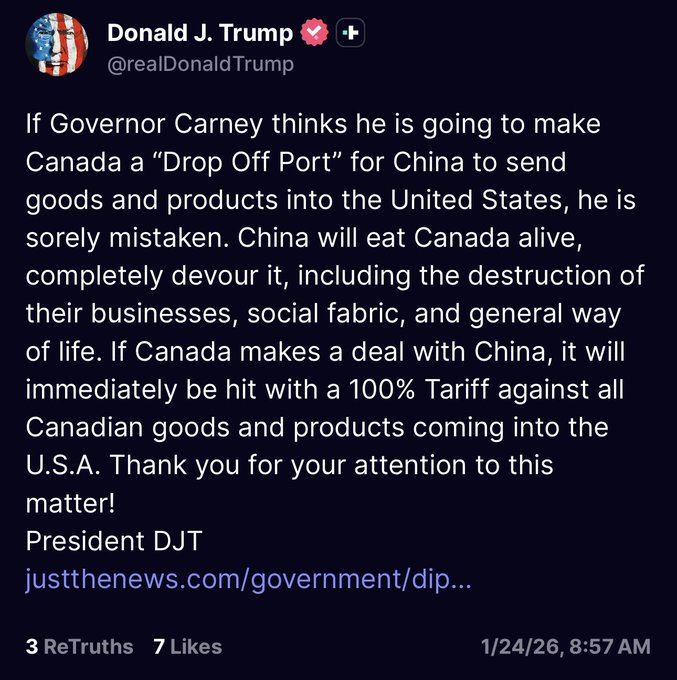 美國總統川普26日威脅對加拿大課徵100%關稅的貼文，極盡侮辱之能事，故意稱呼總理卡尼是「州長」，再度顯現他的狂妄自大。（圖／翻攝自X平台 @JosephPolitano）