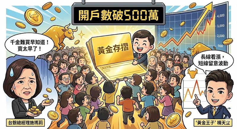 受國際金價飆漲影響，國內掀起黃金存摺熱潮，全台開戶數突破500萬戶。台銀總經理施瑪麗備詢時自爆在1600美元時就獲利了結，感嘆「賣太早」。專家楊天立分析，避險需求仍高，長線看漲但須留意短線波動。（AI製圖（圖／網友XXX授權提供，未經同意請勿轉載） ）