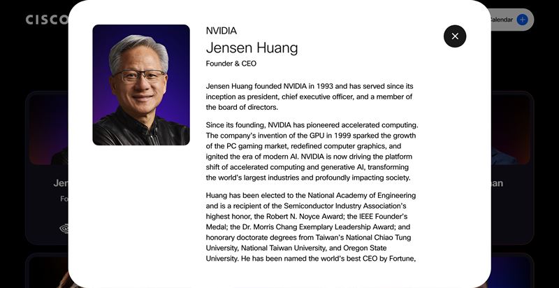 輝達執行長黃仁勳來台後動向備受關注，下一站確定將出席由思科主辦的「AI峰會（Cisco AI Summit）」。這場將於2026年2月3日（太平洋標準時間）舉行的線上盛會，匯聚了OpenAI執行長阿特曼、Google、微軟等科技巨頭高層，以及AI教母李飛飛等頂尖領袖，共同探討全球AI經濟的構建、治理與未來議程。峰會將由思科執行長Chuck Robbins親自主持，無需註冊（圖／翻攝自思科網站）