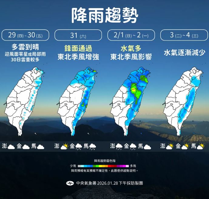 週日到下週二東北季風、鋒面水氣影響，不少地區都有雨勢。（圖／氣象署）