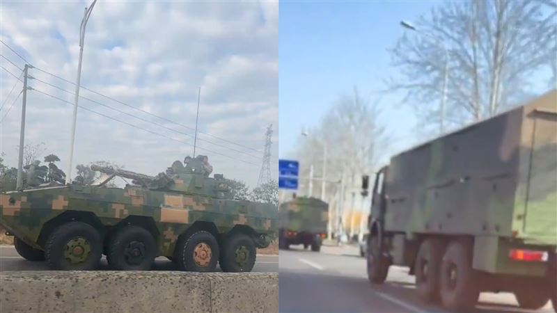 網傳大量解放軍部隊全副武裝湧向北京。（圖／翻攝自X平台 @ElvaMusclecat、ZhaoMingObserve）