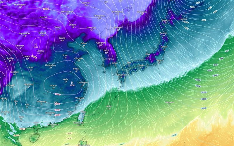 2月7日到2月9日間，預估將有一波相當強的冷空氣席捲東亞。（圖／翻攝自台灣颱風論壇｜天氣特急）