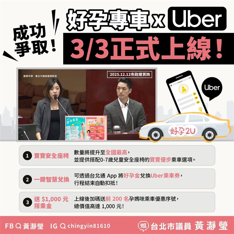 黃瀞瑩也在社群平台發文寫下，好孕2U專車x Uber合作正式上線倒數。（圖／翻攝自黃瀞瑩臉書）