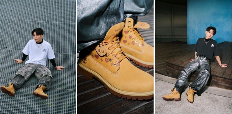 「Kurt Wu 限量訂製款黃靴」將標誌性的愛心ICON轉化為規律排列的視覺圖騰。（圖／品牌業者提供）