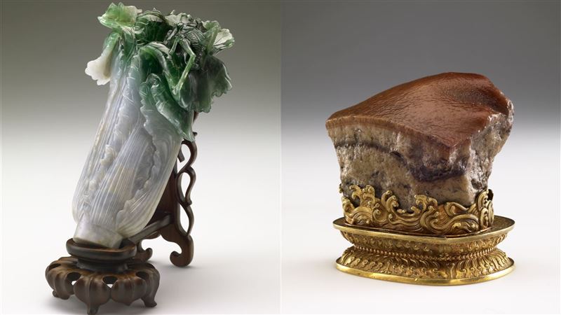 故宮兩大人氣鎮館「翠玉白菜」與「肉形石」。（圖／國立故宮博物院提供）