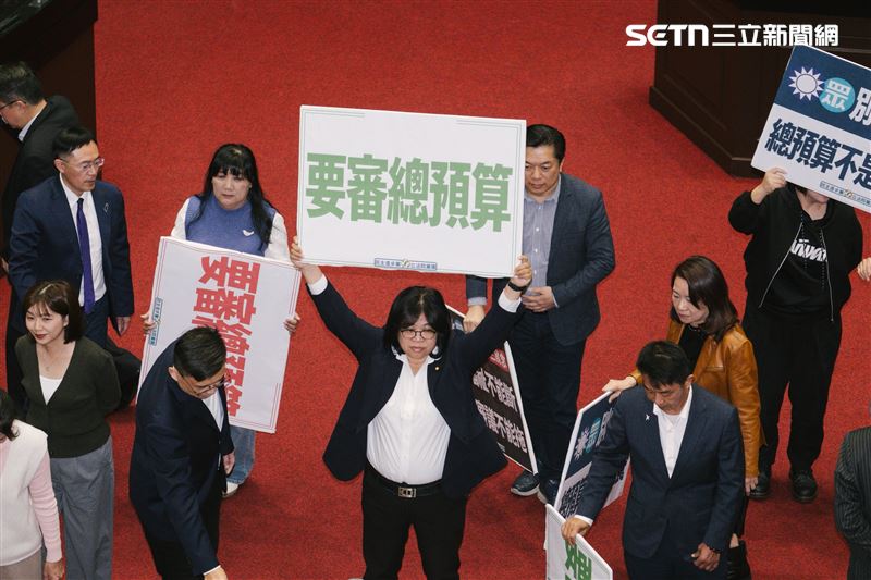 立法院第四會期最後一天院會，民進黨團所提議程遭48:60封殺，綠委在議場舉牌「要審總預算」。（圖／記者楊士誼攝影）