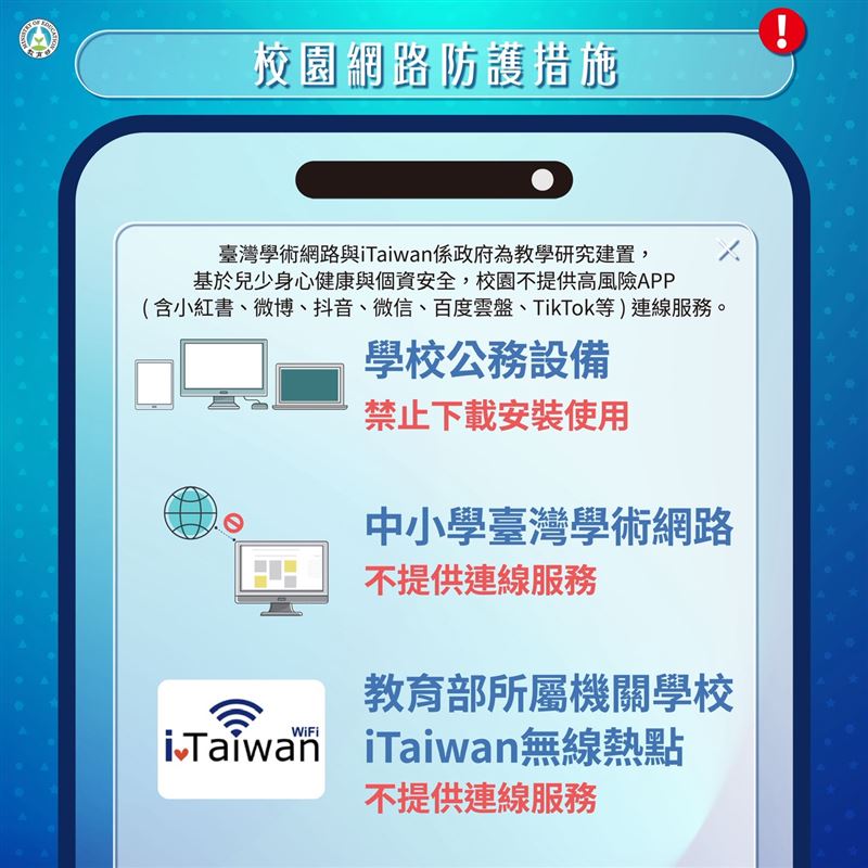中小學校園不提供高風險APP連線服務。（圖／教育部提供）