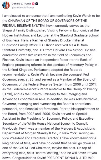 川普對華許相當肯定與讚賞。（圖／翻攝自川普的Truth Social）