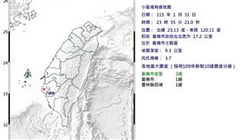 深夜地牛翻身！台南七股規模 3.7 極淺層地震，最大震度 3 級。(圖/中央氣象署)