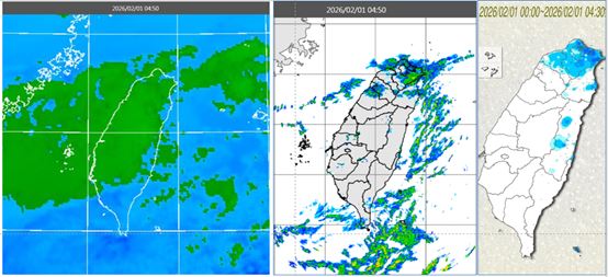 今晨4:50紅外線色調強化雲圖顯示，中部以北雲層多(左)。雷達回波合成圖顯示，北部及東側海面有降水回波(中)。4:30累積雨量顯示，迎風面明顯降雨(右)
