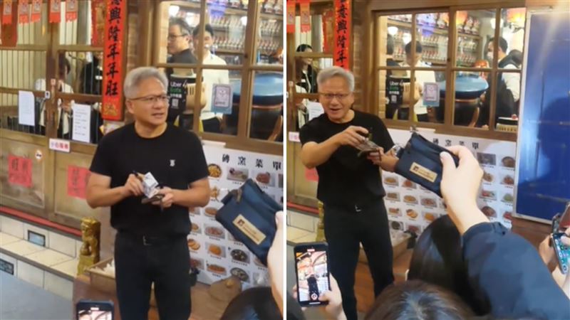 許多粉絲到「兆元宴」現場，拿出錢包等物品向黃仁勳要簽名。（圖／Threads網友@andy_77777777授權提供）