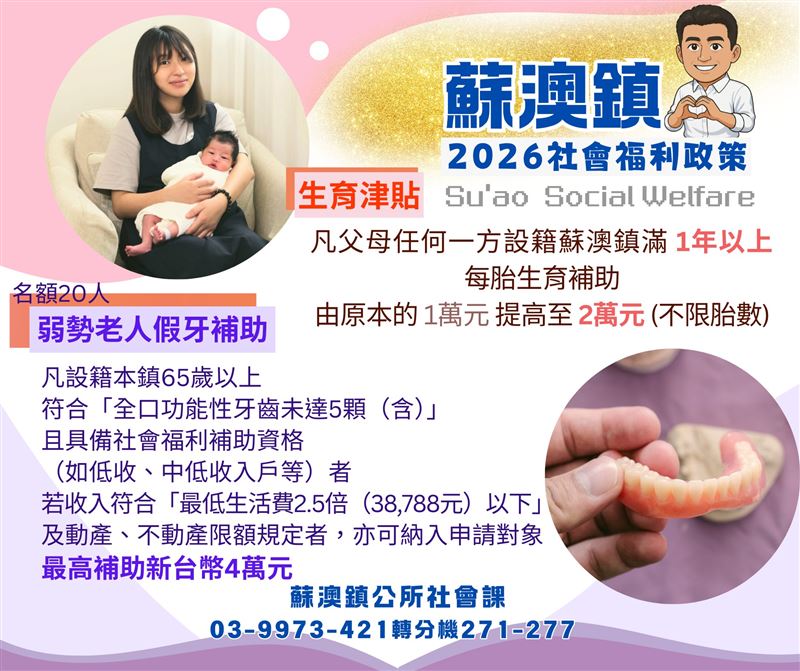 蘇澳2026年強化社會福利，包含生育補助與老人裝假牙補助。（圖／翻攝自蘇澳鎮公所）