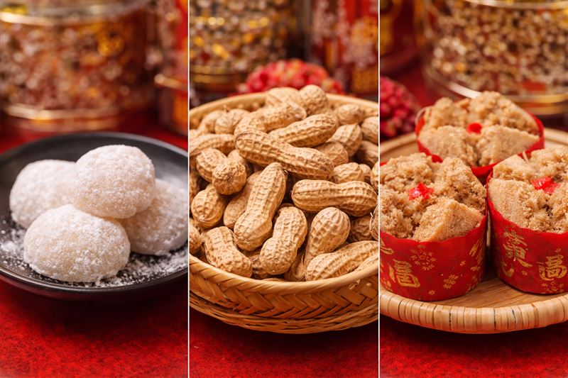 拜土地公必備的麻糬、帶殼花生、發糕甜點等吉祥供品。（圖／Canva製作）