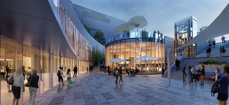 車站前方特別規劃「下凹式廣場」，以低於地坪的開放空間形式。（圖／台北市捷運局提供）